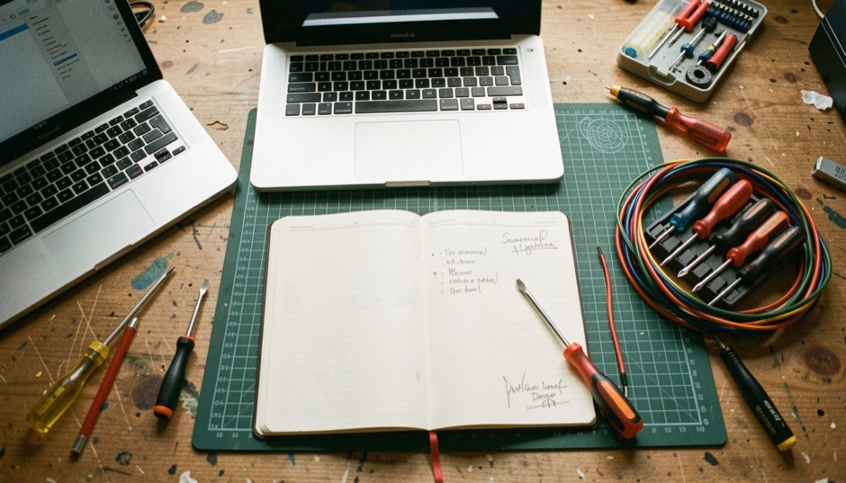 A tidy workbench seen from above with a laptop, an open notebook, a screwdriver set and a coil of test leads arranged around a work mat