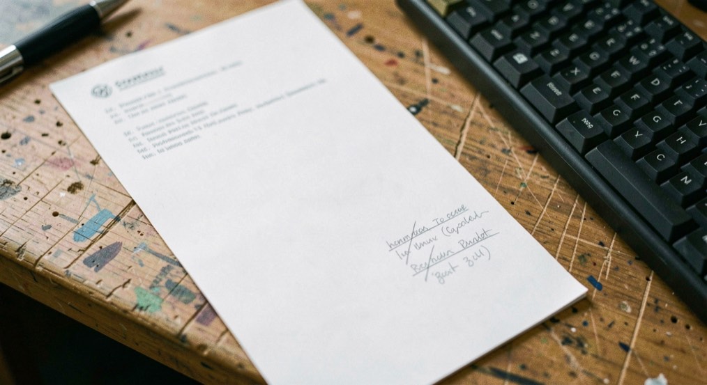 A printed style sheet marked up in pencil lying on a workbench beside a keyboard, several lines crossed out and rewritten in the margin