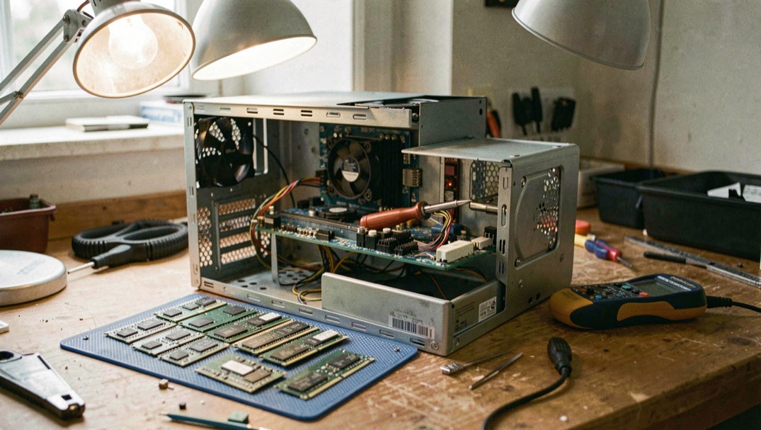 An open computer case on a workbench under a desk lamp, memory modules lying on an anti static mat and a multimeter probe resting across the board