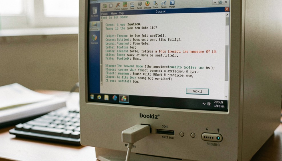 A plain USB flash drive plugged into the front panel of a desktop computer, the boot menu of a text mode toolkit visible on the screen behind