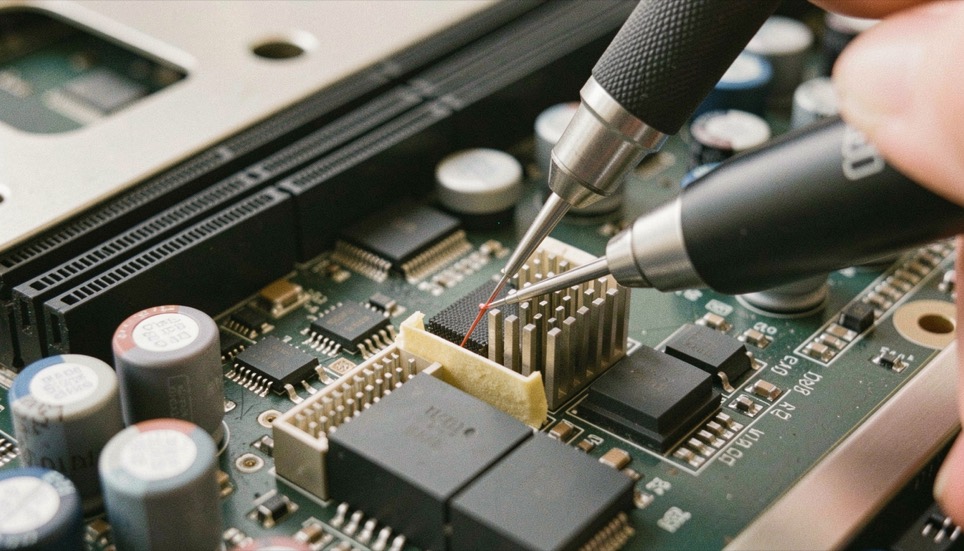 A close view of a motherboard power delivery area with heatsinks and capacitors, a thermal probe taped against one of the components