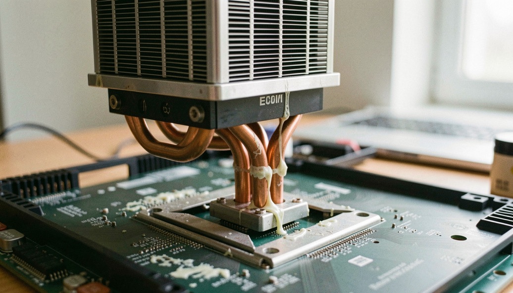 A large tower cooler mounted over a processor socket, its copper heat pipes catching the light and thermal paste residue on the bracket